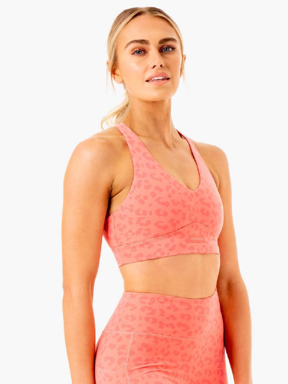 Coral / Leopard Women's Ryderwear Ultra V-Neck Sports Bras | 5G5341528
